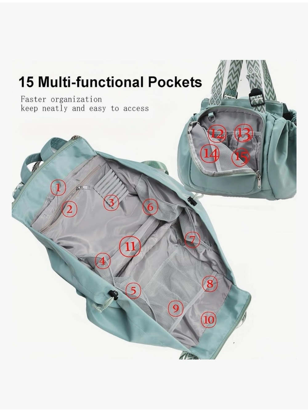 Mint Green Convertible Tote Backpack Travel Bag Aqua Multi Pocket - Picture 5 of 10